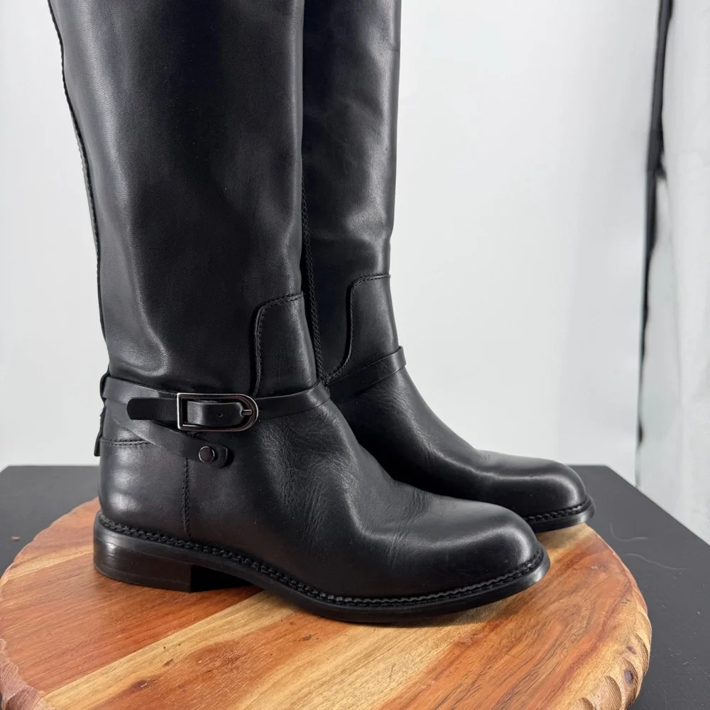 Franco Sarto Hadley Black Leather Tall Riding Boots Equestrian Flat Buckle 6‎